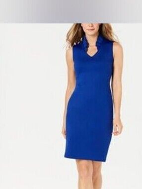 Calvin Klein Royal Blue Sleeveless Sheath Dress with Ruffle Collar